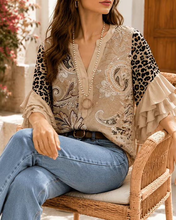 Bluse Leopard Druck Panel Rüsche Ärmel