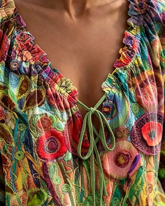 Bluse V-Ausschnitt Rüsche Puffärmel Binden