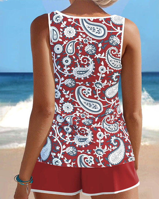 Tankini Ärmellos Bedruckt Ausschnitt Boyshorts