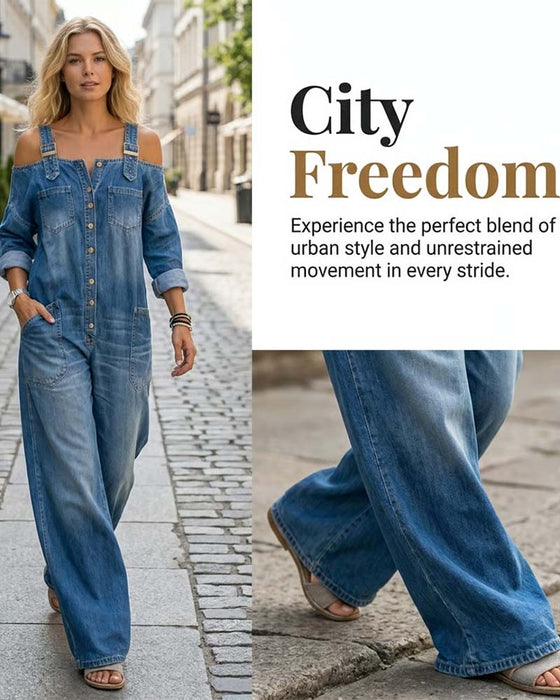 Jumpsuit Spaghettiträger Kalte Schulter Weites Bein Denim