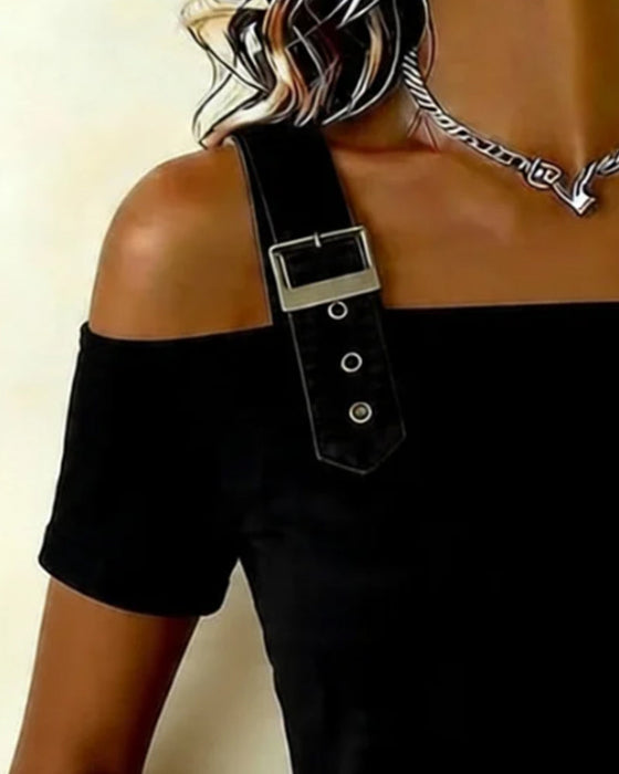 T-Shirt Schiebeschnalle Off-Shoulder Einfarbig Entspannt