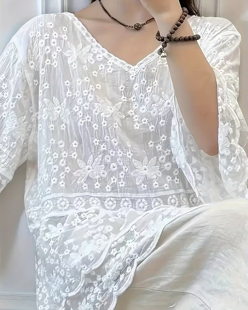 Bluse Kurzarm Spitze Besatz