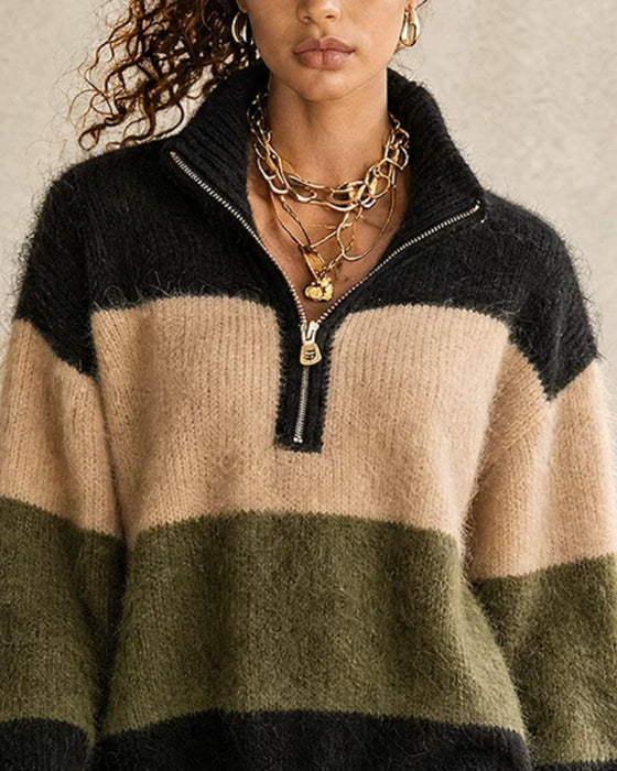 Kleid Farbblock Halber Reißverschluss Rollkragen Lang Sweater