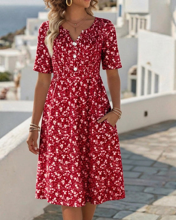 Kleid V-Ausschnitt Kurzarm floral