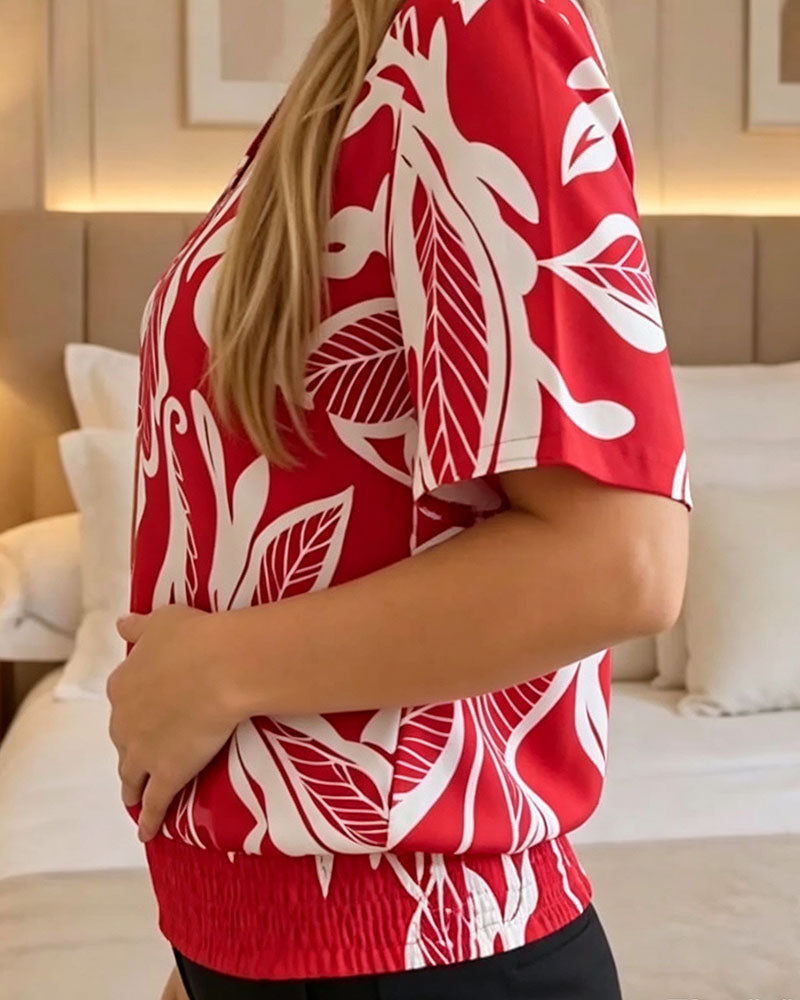 Bluse Blumenprint Gummizug Saum Kurzarm