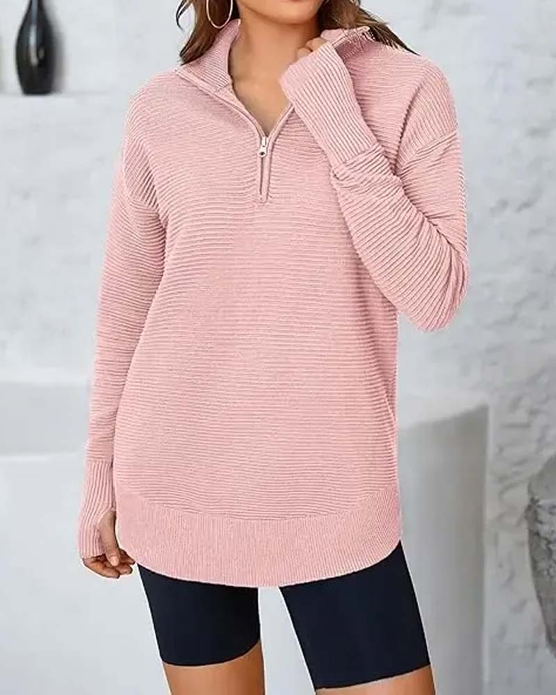 Gestreifter Langarm-Sweatshirt Mit Kragen Und Reißverschluss