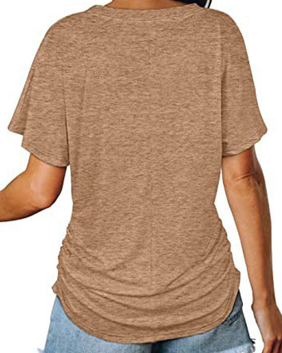 T-Shirt Plissiert Einfarbig V-Ausschnitt