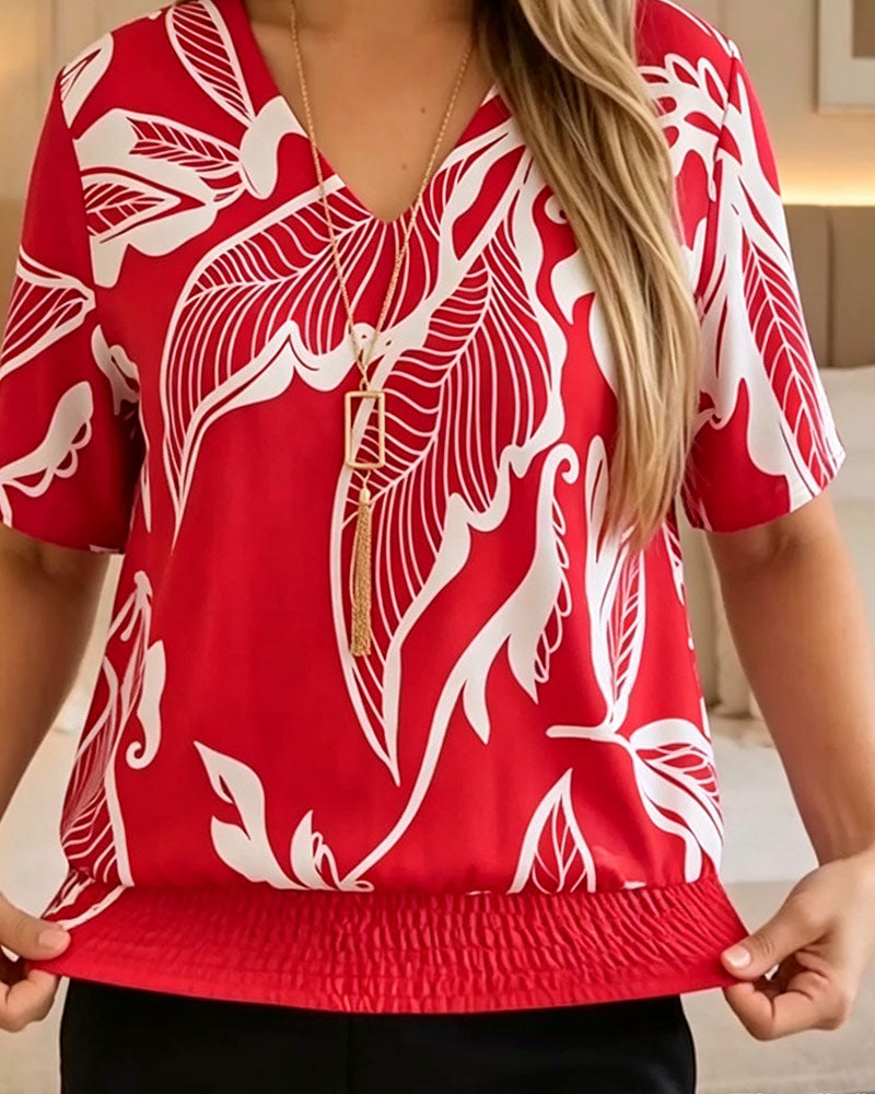 Bluse Blumenprint Gummizug Saum Kurzarm