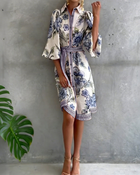 Lampenärmel Kleid mit Reverskragen und Print