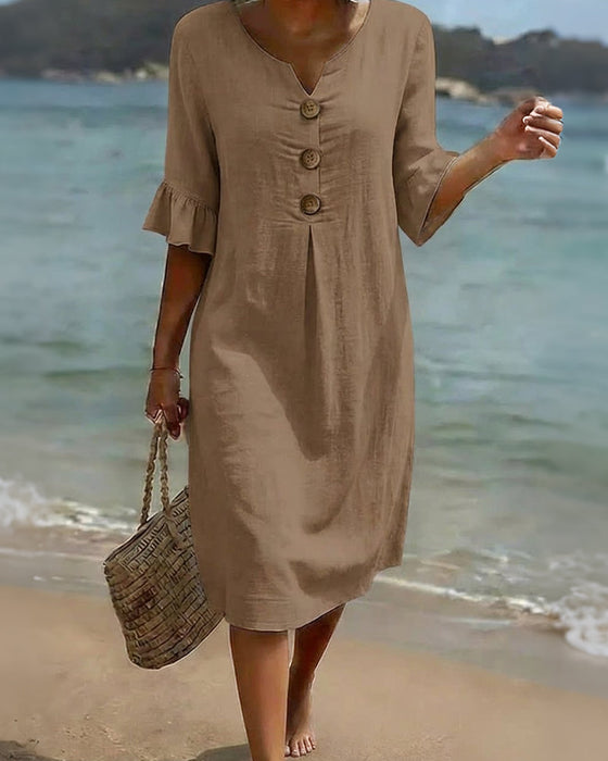 Kleid Knopf Rüsche Ärmel 100% Baumwolle