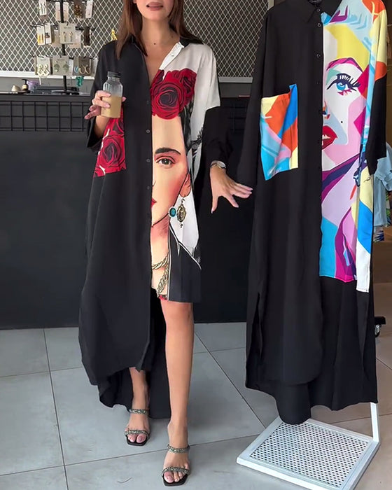 Modisches asymmetrisches kleid mit rosen-charakter-print und revers