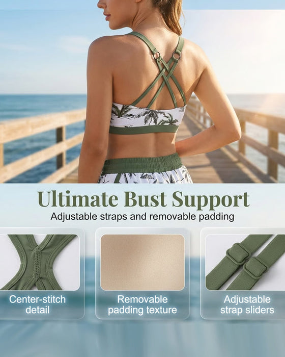 Abdeckung Und Bikini Crisscross Ärmelloses Oberteil + Kordelzug Bedruckte Hose Für
