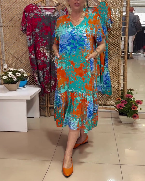 Kleid V-Ausschnitt Farbverlauf Mehrfarbiger Druck
