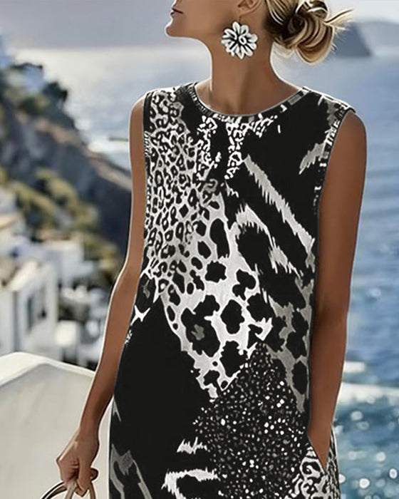 Kleid Patchwork Leopardenmuster Ärmellos Lang