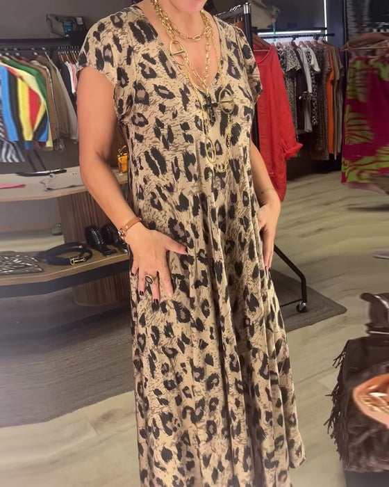 Kleid V-Ausschnitt Leopard Kurzarm