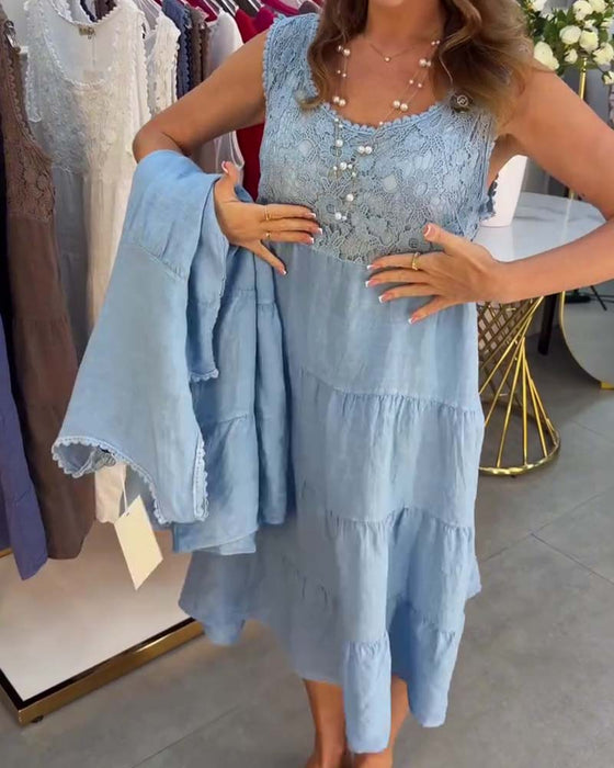 Kleid Rundhals Ärmellos Spitze Lagen