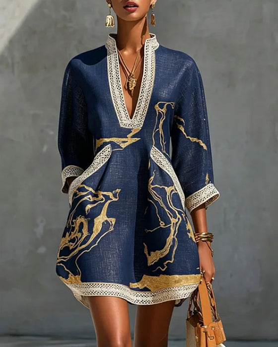 Kleid Stehkragen Halbärmel Hohl