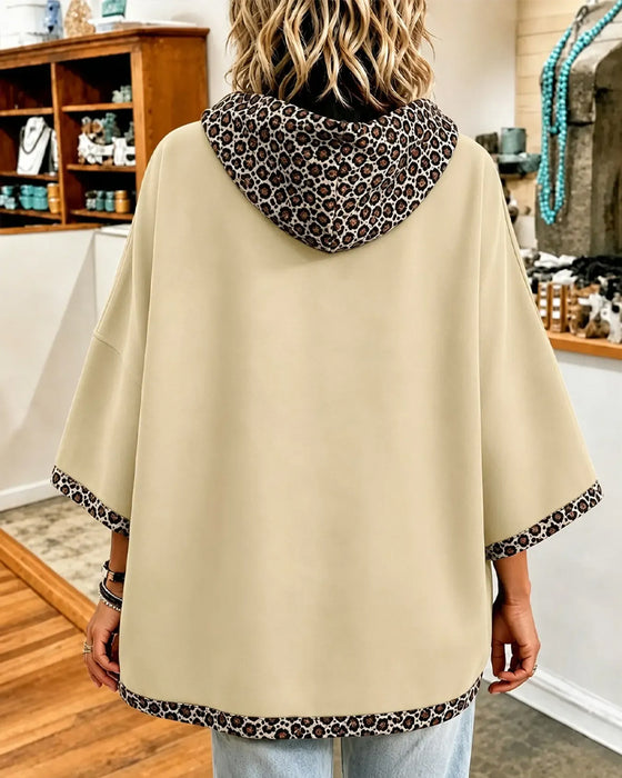 Hoodie Leopardenprint Patchwork Mit Kapuze 3/4 Ärmel