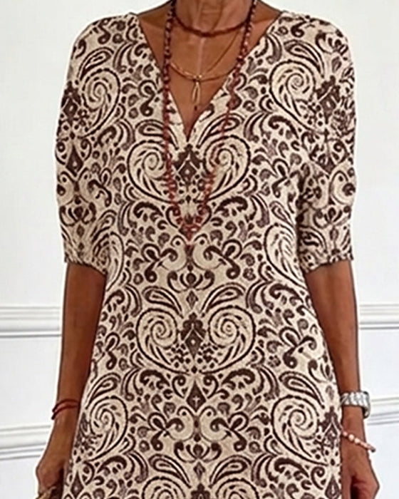 Kleid Vintage Blumenmuster V-Ausschnitt Maxi