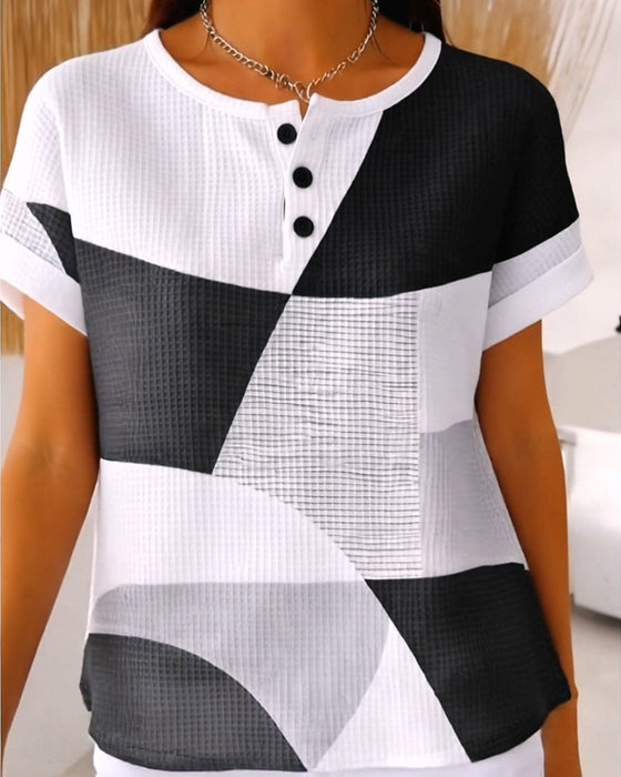 Bluse Rundhals Knopf Farbblock Waffel