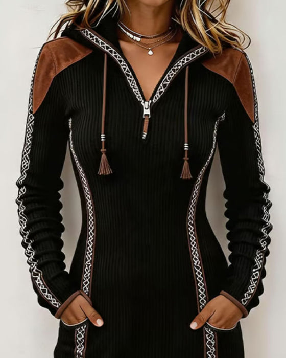 Kleid Mit Kapuze Patchwork Gerippt Schnürung