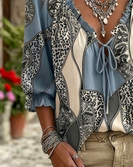Bluse V-Ausschnitt Leopard Puffärmel Binden