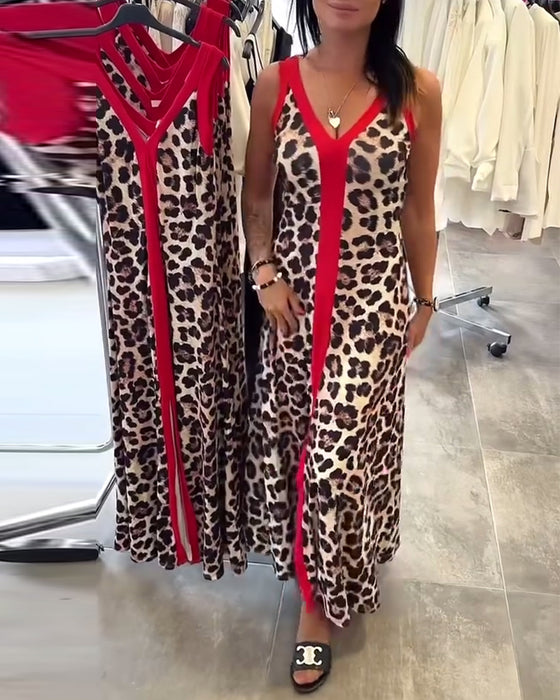 Kleid ärmellos elegant Leopardenmuster Kontrast