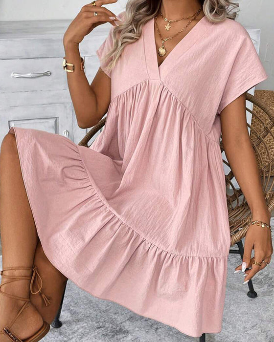 Kleid Solid V-Ausschnitt Rüschen-Besatz