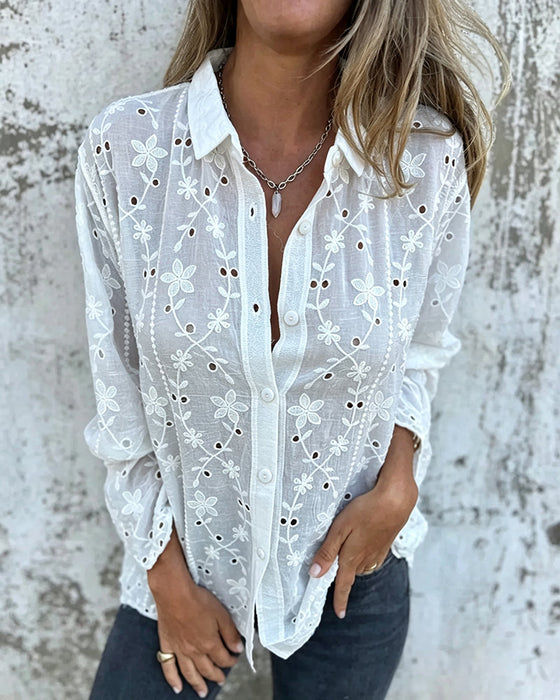 Bluse Floral Hohl-Ausgeschnitten Langarm