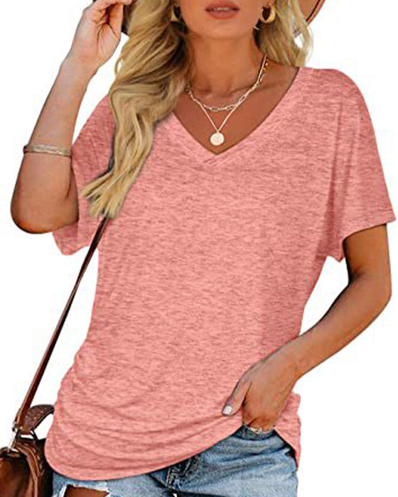 T-Shirt Plissiert Einfarbig V-Ausschnitt