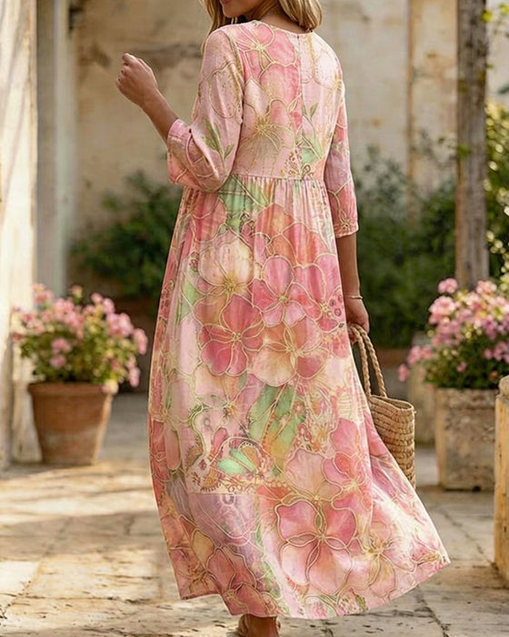 Kleid Aquarell Blumig Dreiviertel Ärmel Voll Rock Maxi
