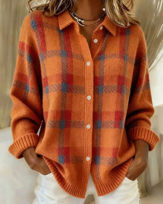 Strickjacke Karomuster Hemdkragen Geknöpft