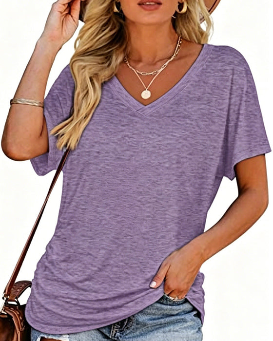 T-Shirt Plissiert Einfarbig V-Ausschnitt