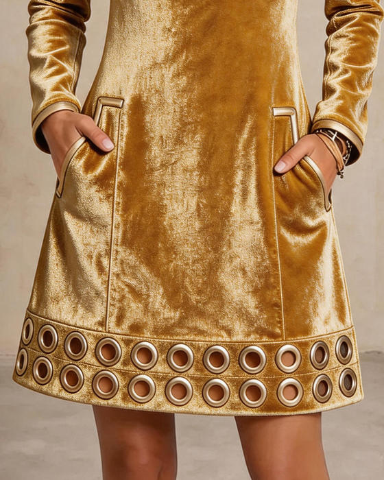 Kleid Revers Reißverschluss Tasche Metallring