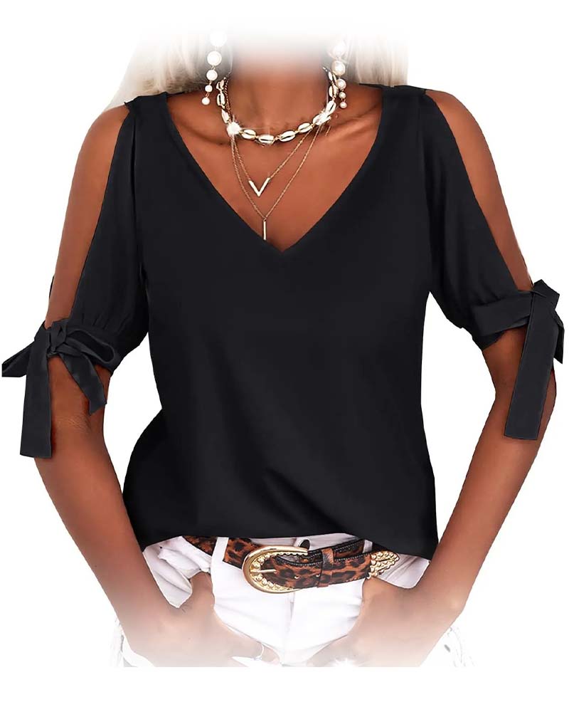 Bluse V-Ausschnitt Cold Shoulder Schleife Einfarbig
