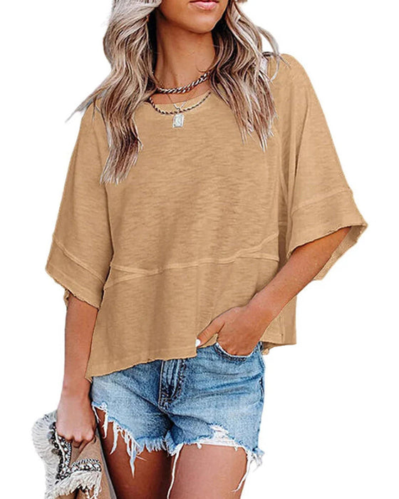 T-Shirt Ohne Schlitz Geflickt Einfarbig Glockenärmel