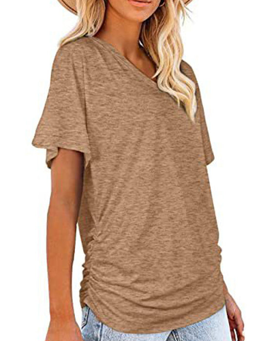 T-Shirt Plissiert Einfarbig V-Ausschnitt