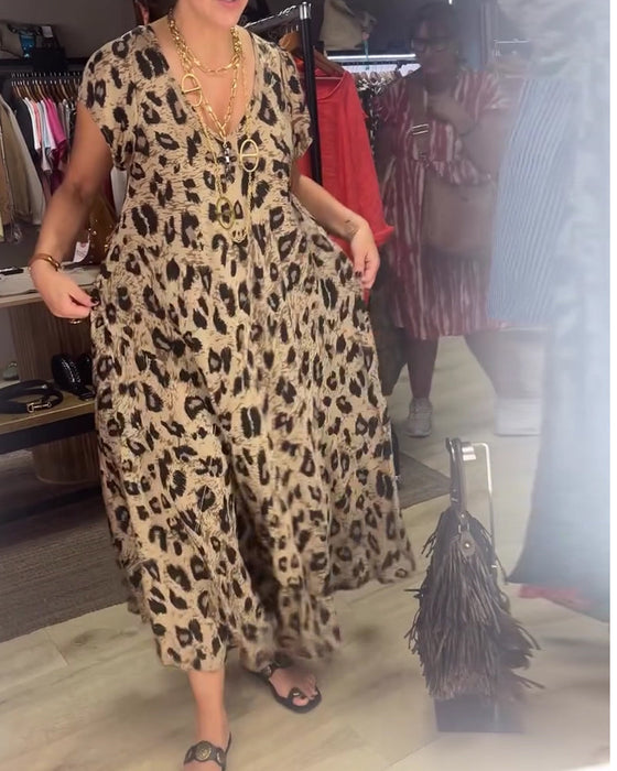 Kleid V-Ausschnitt Leopard Kurzarm