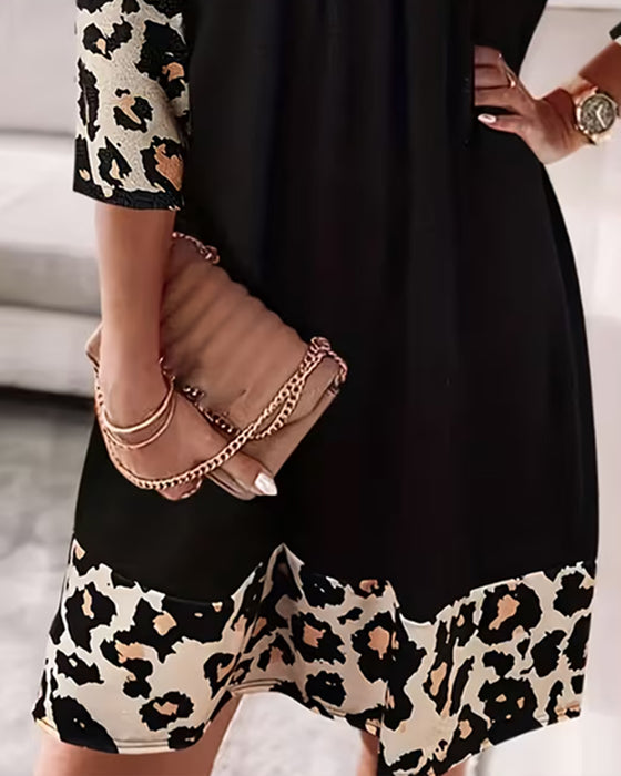 Kleid V-Ausschnitt Leopard Dreiviertel-Ärmel