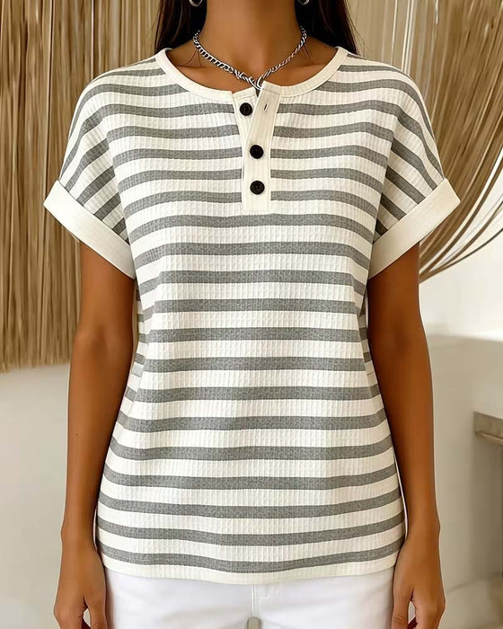 T-Shirt Gestreift Waffel Henley