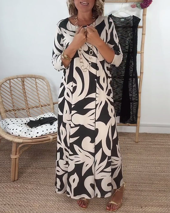 Kleid Mit Rundhalsausschnitt Und Langen Ärmeln Mit Druck