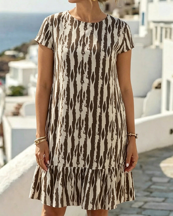 Kleid Rundhals Bedruckt Kurzarm A-Linie