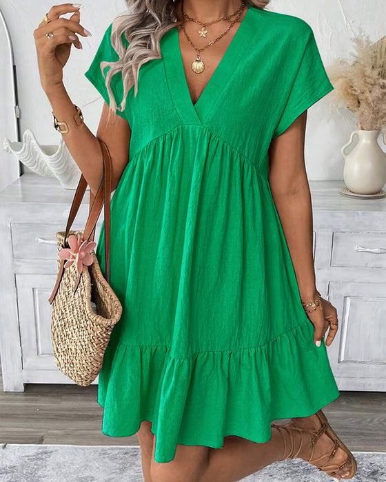 Kleid Solid V-Ausschnitt Rüschen-Besatz