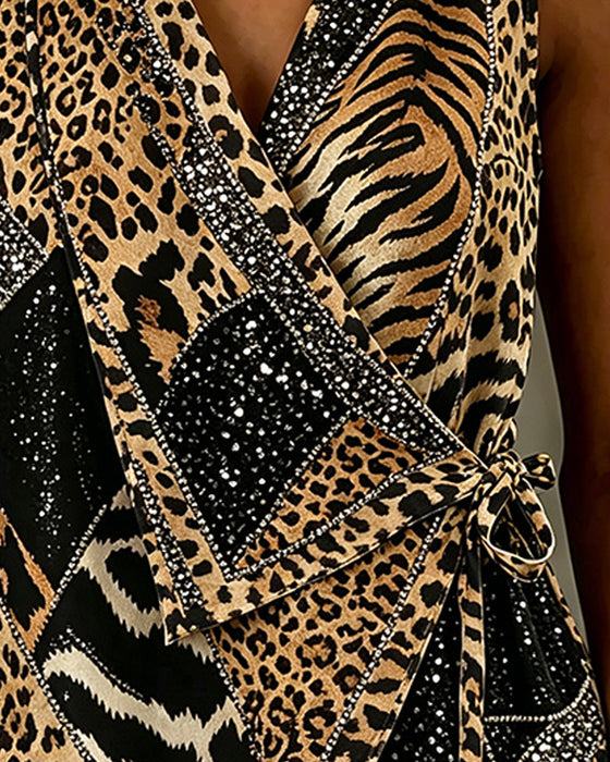 Bluse Leopardenmuster Vorne Binden Ärmellos