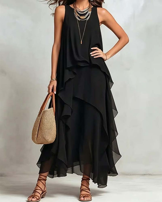 Kleid Rundhals Ärmellos Unregelmäßig