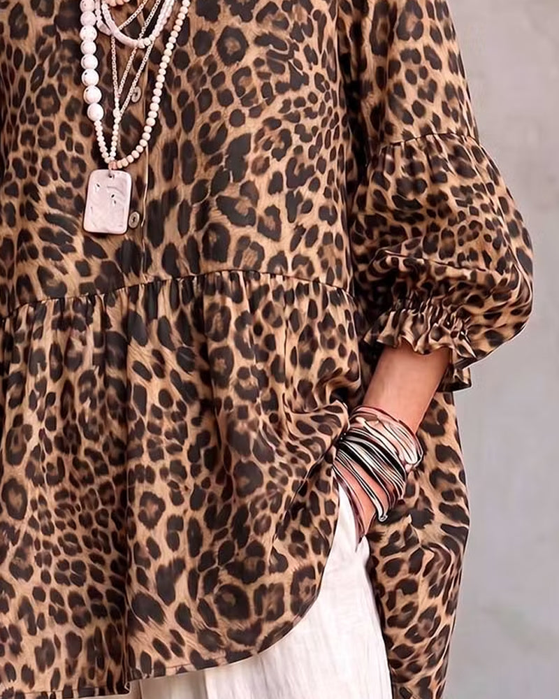 Oberteil Leopard Druck Rüsche Besatz Knopf