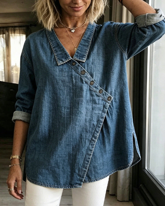 Bluse Einfarbig Diagonaler Knopf Revers Langarm