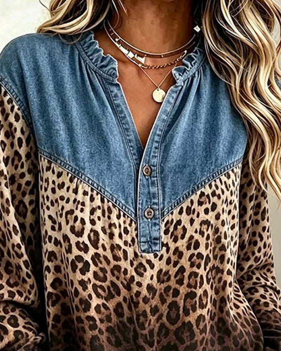 Top Denim Patchwork Leopardenmuster Langarm