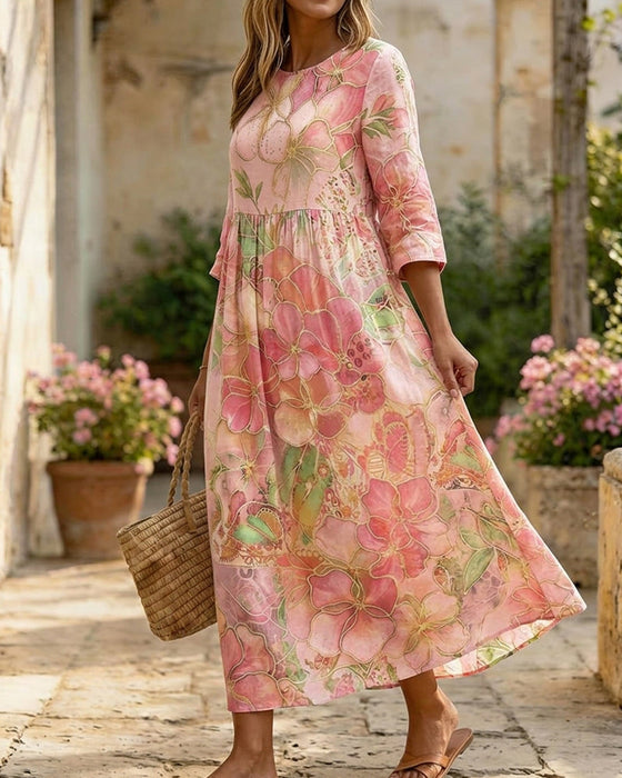 Kleid Aquarell Blumig Dreiviertel Ärmel Voll Rock Maxi