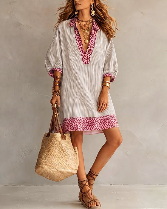 Kleid Leopardenprint Panel Puffärmel Gestreiftes Hemd